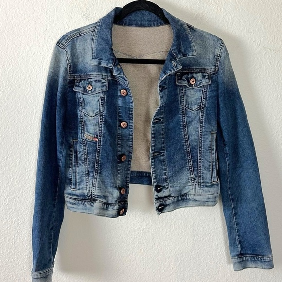 Diesel Fringi NE Denim Jean Jacket Women’s Small Leather Logo Stretch Fitted Y2K - Picture 4 of 17